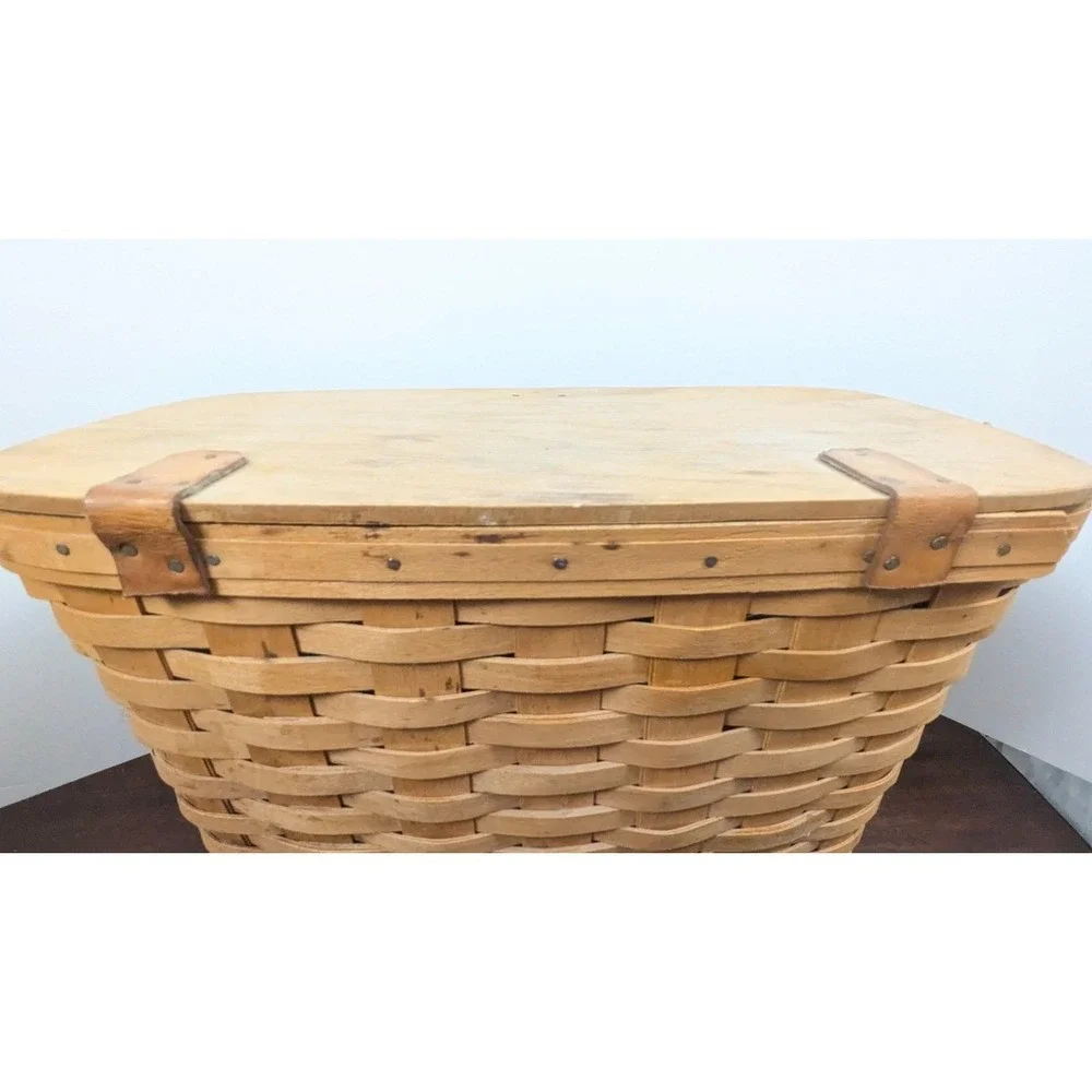 Longaberger 1992 Handwoven Market Basket Wood Swing Handle Plastic Liner Dresden